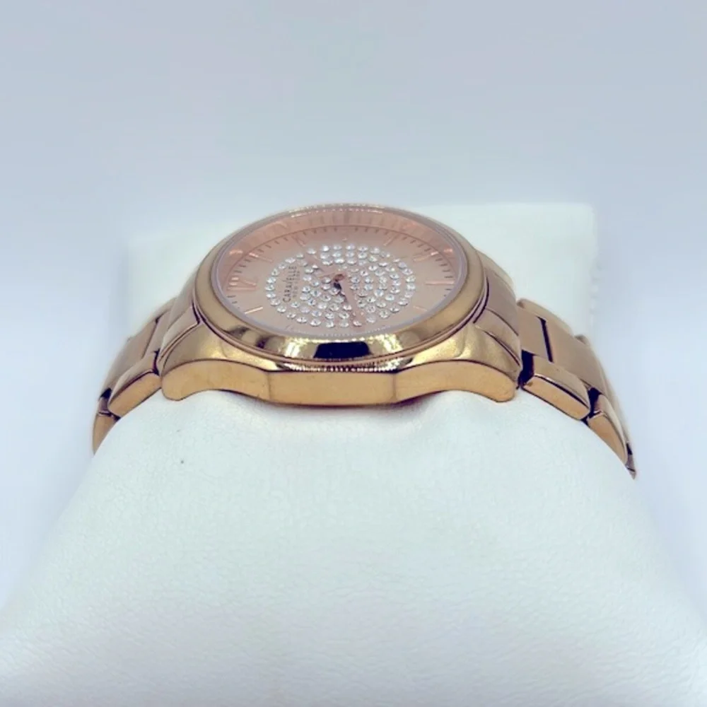 Working! Caravelle New York Rose Gold Rhinestone Face Ladies Watch